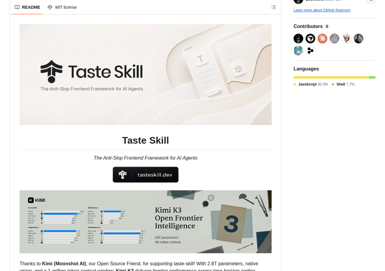 Taste Skill README 開頭（專案名稱 Taste Skill 大字標題與標語「The Anti-Slop Frontend Framework for AI Agents」）