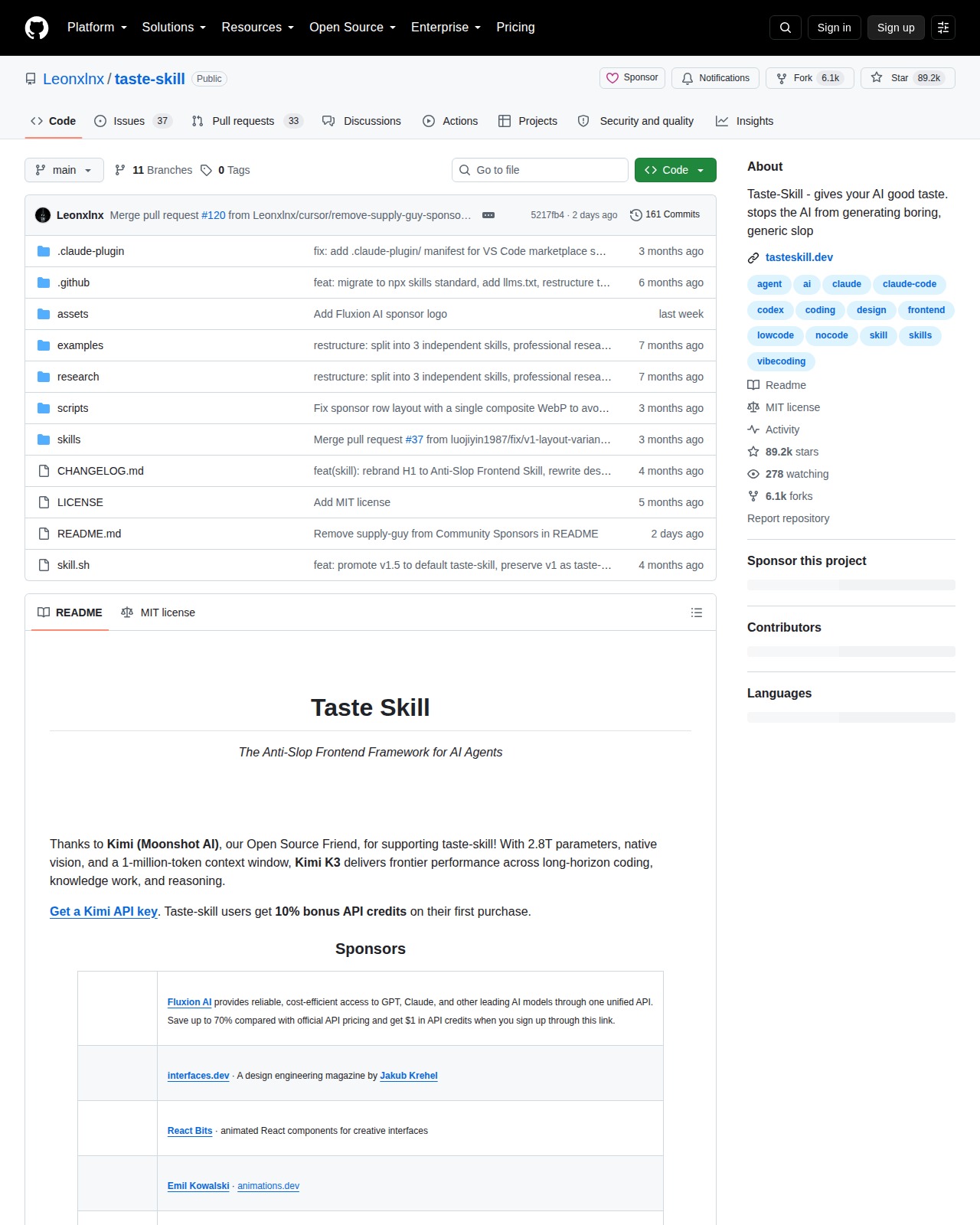Leonxlnx/taste-skill GitHub 首頁頂部（儲存庫名稱 taste-skill、89.2k 星標與 6.1k 分支）