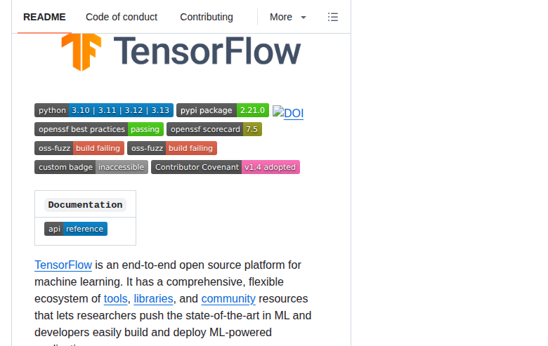 TensorFlow README 開頭(項目名稱與標語,展示 TensorFlow 官方 logo 與「An Open Source Machine Learning Framework for Everyone」定位)