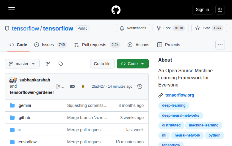 TensorFlow GitHub 首頁頂部(repo 名 tensorflow/tensorflow、星標數 197K、fork 數 76.1K 與項目描述)