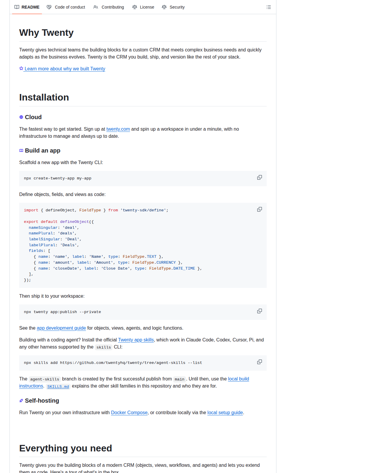 Twenty 專案的 README 開頭，顯示專案名稱 Twenty、標語 The #1 Open-Source CRM，以及 Why Twenty 與 Installation 段落
