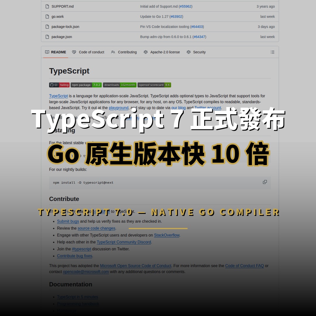 TypeScript 7 登場：原生 Go 編譯器快 10 倍