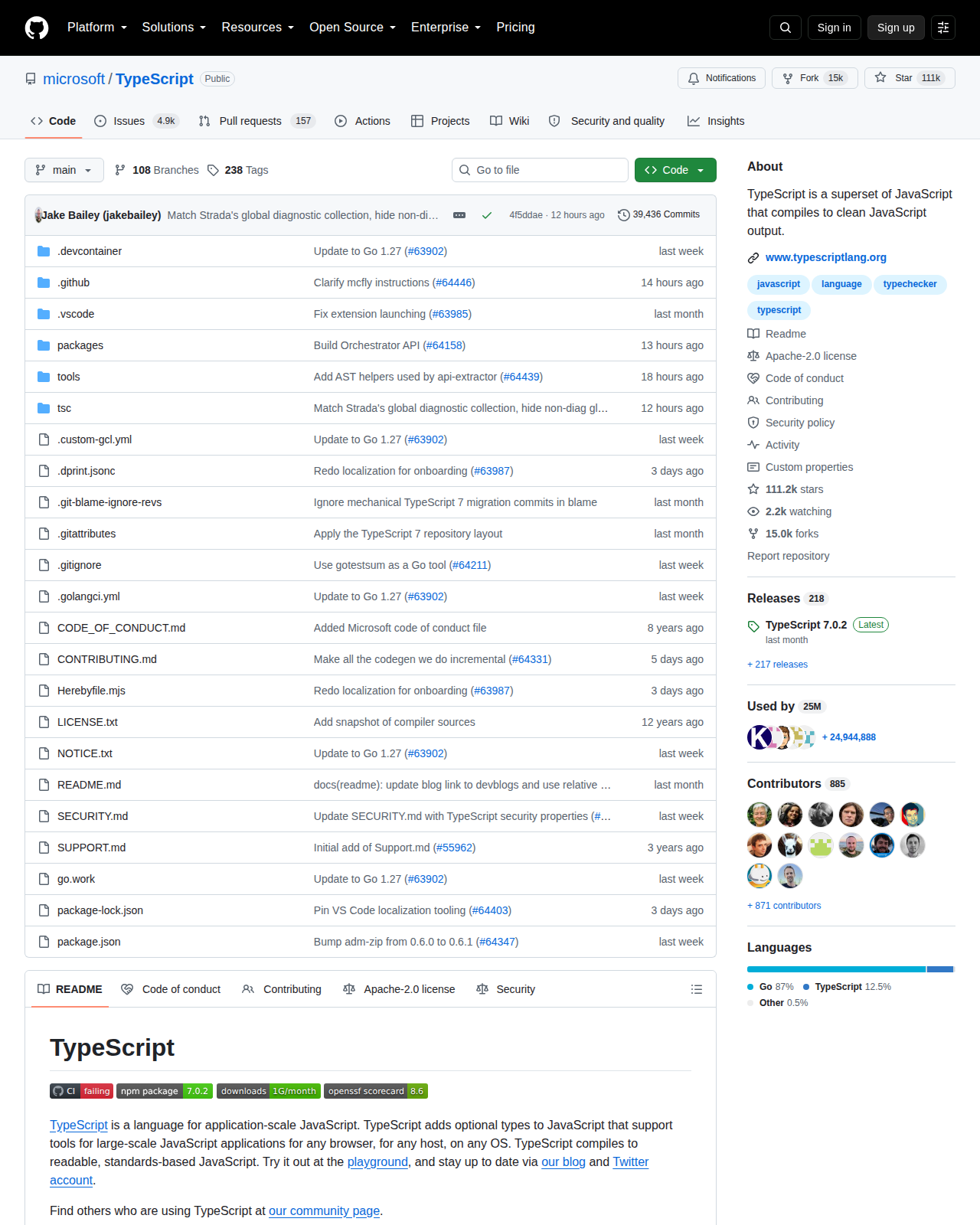microsoft/TypeScript GitHub 儲存庫頁面頂部(儲存庫名稱 microsoft/TypeScript、111k 星標與專案描述)