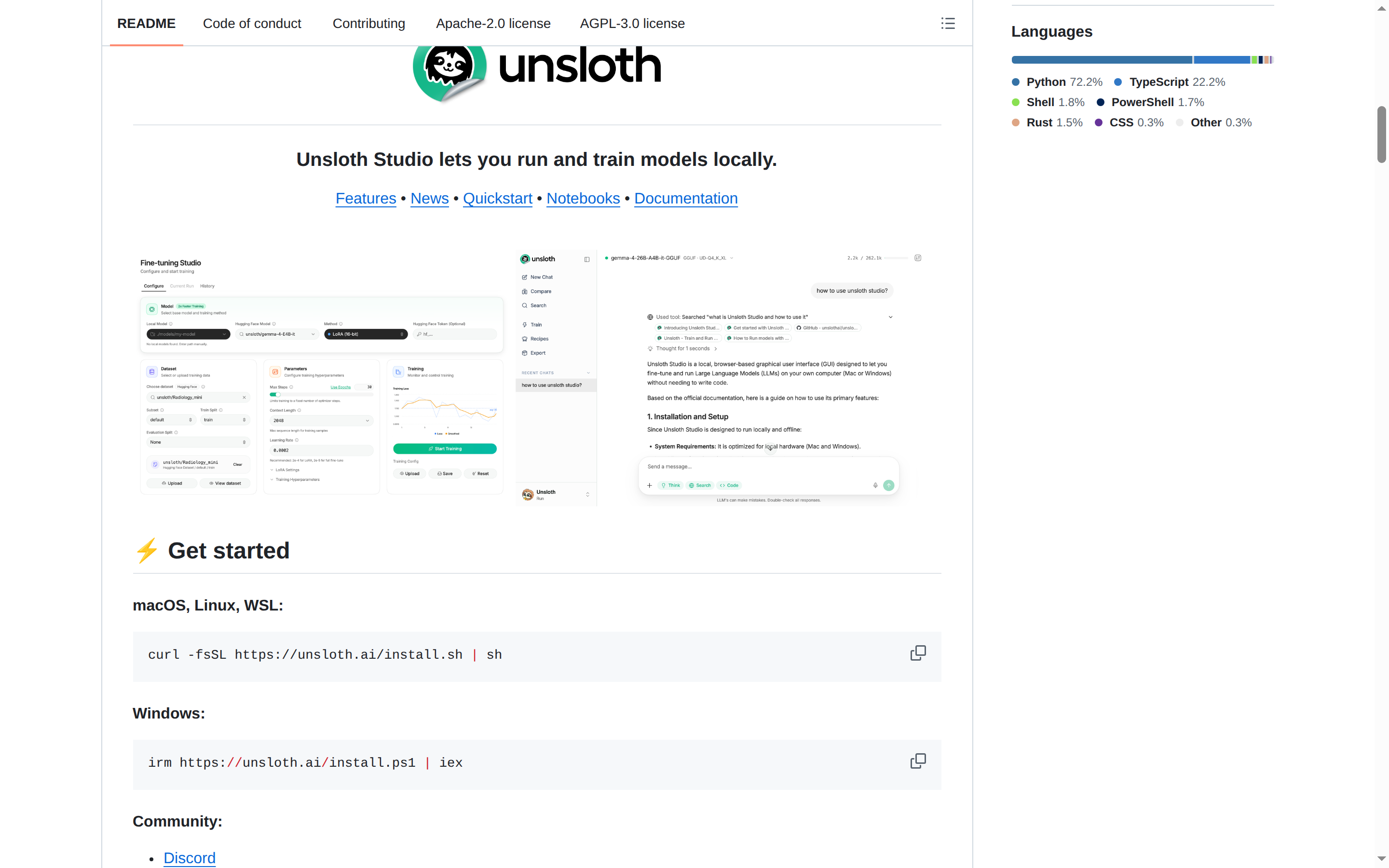 Unsloth README 開頭（Unsloth 品牌字樣 + 標語「Unsloth Studio lets you run and train models locally」）