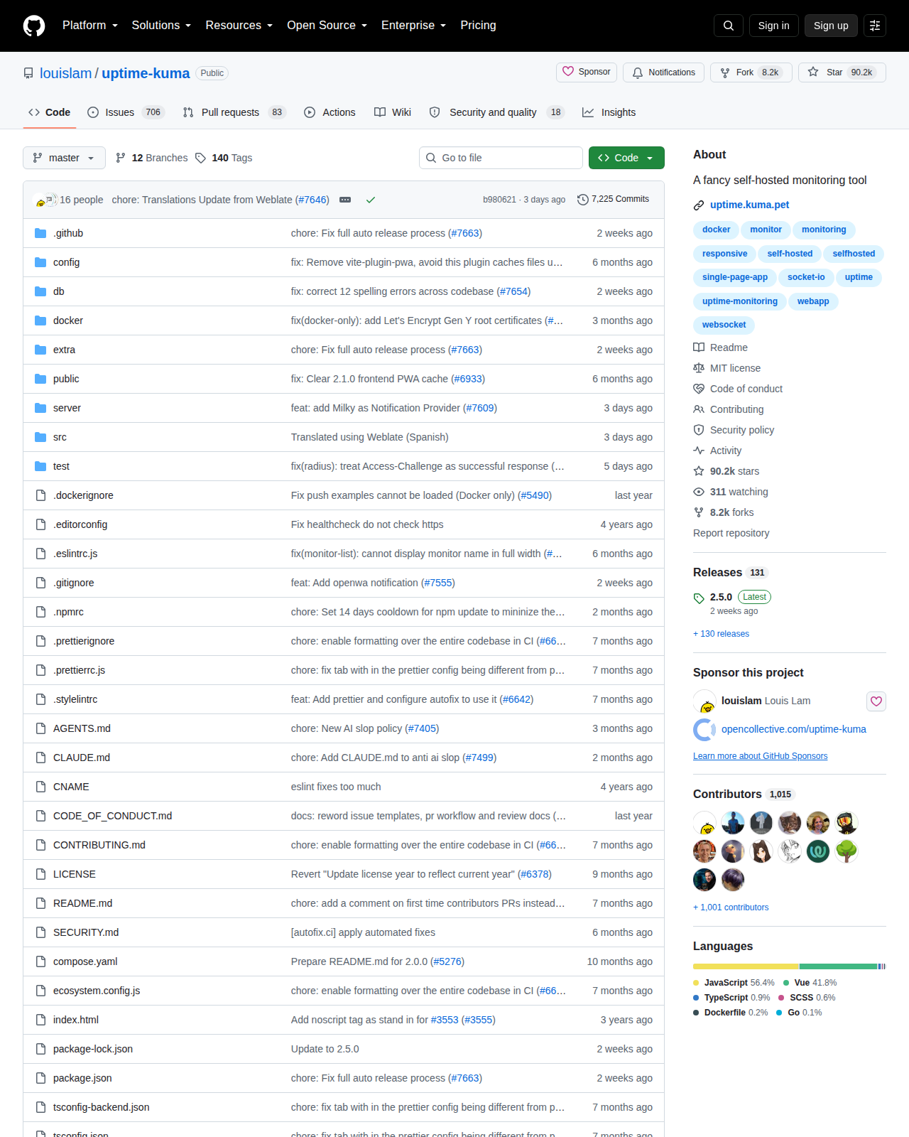 Uptime Kuma GitHub 首頁頂部（repo 名稱「louislam / uptime-kuma」+ 90.2k 星標 + 8.2k Forks + 描述「A fancy self-hosted monitoring tool」+ 主要語言 JavaScript + MIT 授權標籤）