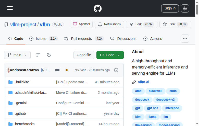 vLLM GitHub 主頁（88.3k Stars + 項目描述）