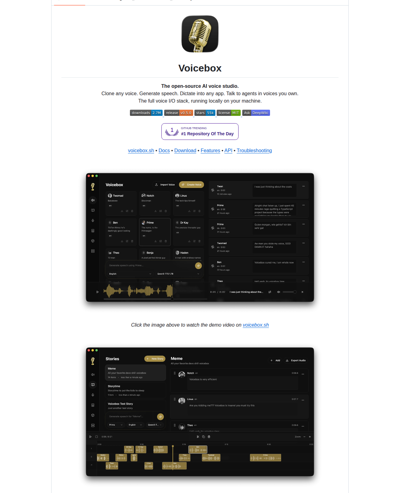 Voicebox README 開頭（項目名稱 Voicebox 大字標題、應用截圖與「The open-source AI voice studio」標語，以及下載數、版本、星標與授權徽章）