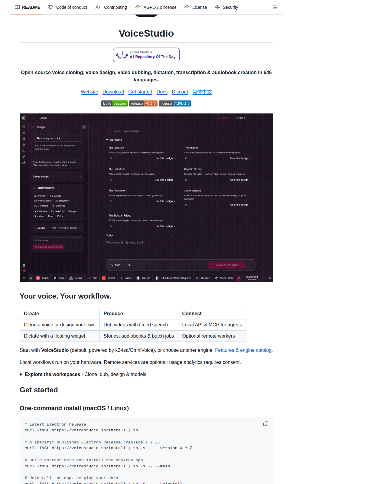 VoiceStudio README 開頭（專案名稱、Trendshift 徽章、一行功能定位與官方網站、下載、文件連結）