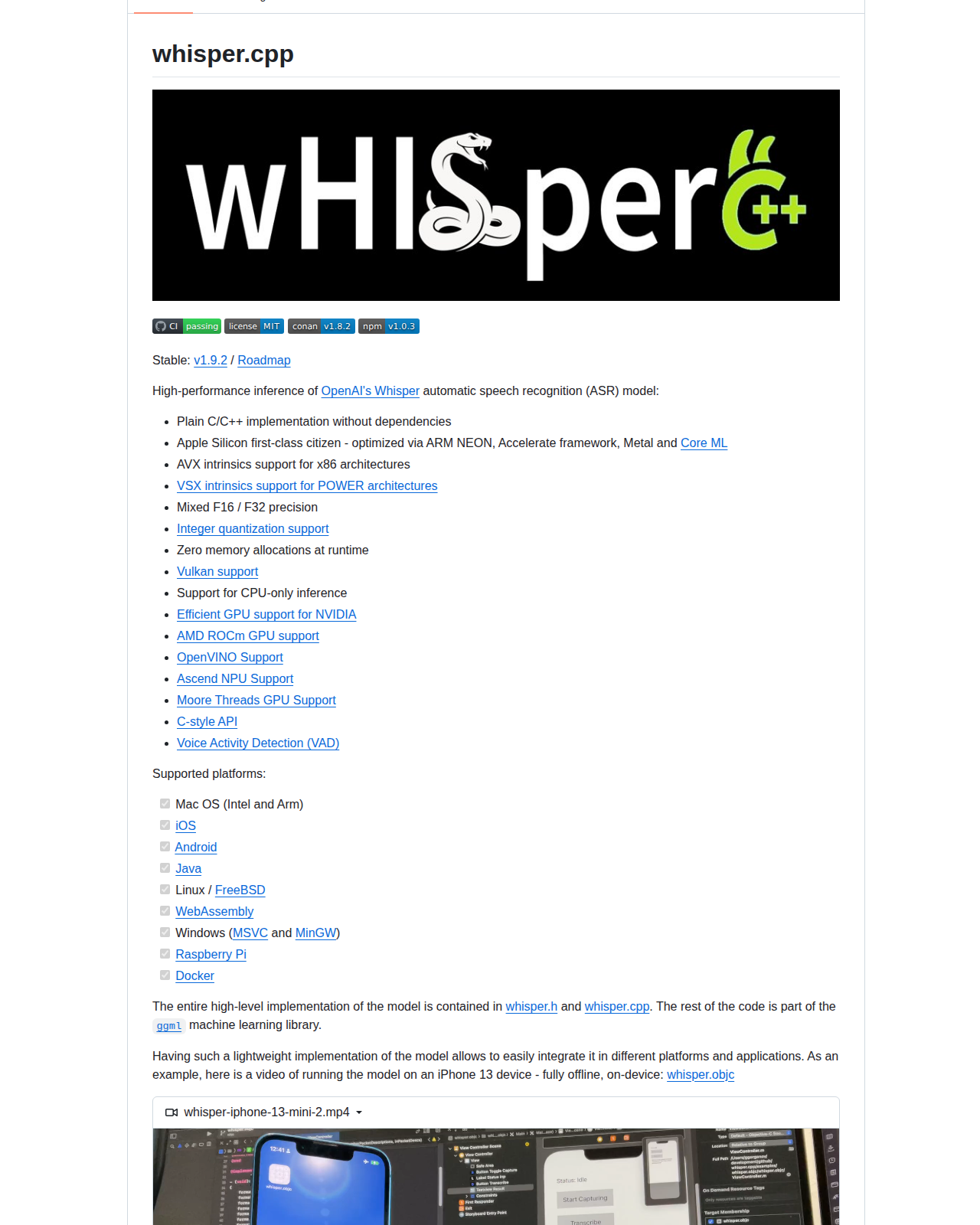 whisper.cpp README 開頭(項目名稱「whisper.cpp」大字 + 標語「High-performance inference of OpenAI's Whisper automatic speech recognition (ASR) model」+ CI 徽章 + MIT 授權徽章 + Stable v1.9.2 版本資訊 + 純 C/C++ 零依賴與 Apple Silicon 原生優化等功能清單)