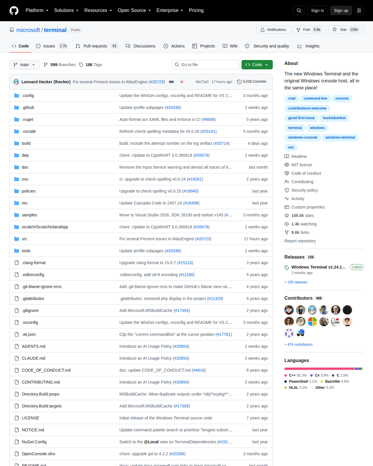 microsoft/terminal GitHub 儲存庫頁面頂部（儲存庫名稱 microsoft/terminal、星標數 105k、描述與語言統計）