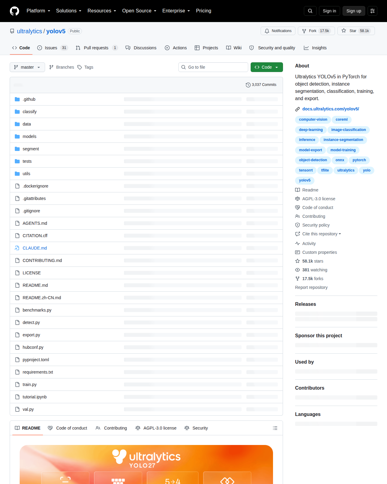 Ultralytics YOLOv5 的 GitHub 倉庫首頁頂部，顯示倉庫名稱、約五萬八千顆星標、一萬七千次複製、描述與程式語言分佈