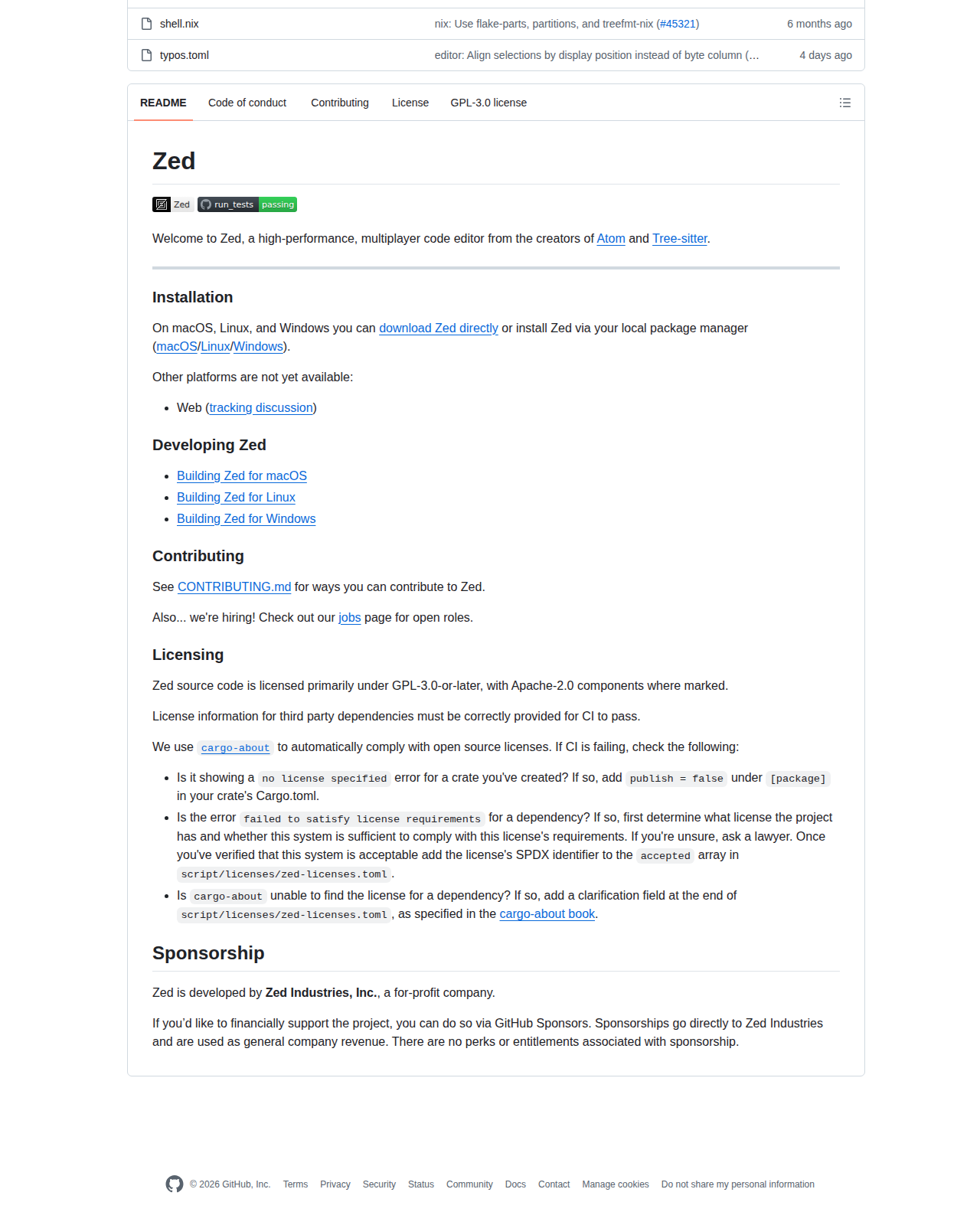 Zed README 開頭截圖(項目名稱 Zed 大字 + 描述,由 Atom 與 Tree-sitter 創辦人打造的多人協作編輯器)