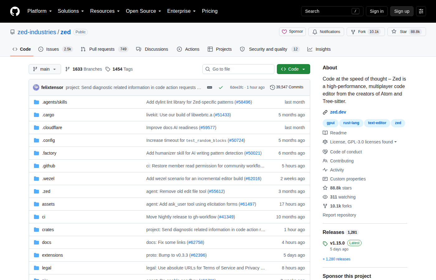 Zed GitHub 首頁頂部截圖(repo 名 zed-industries/zed + Star 88.8k + Fork 10.1k + 檔案目錄列表)