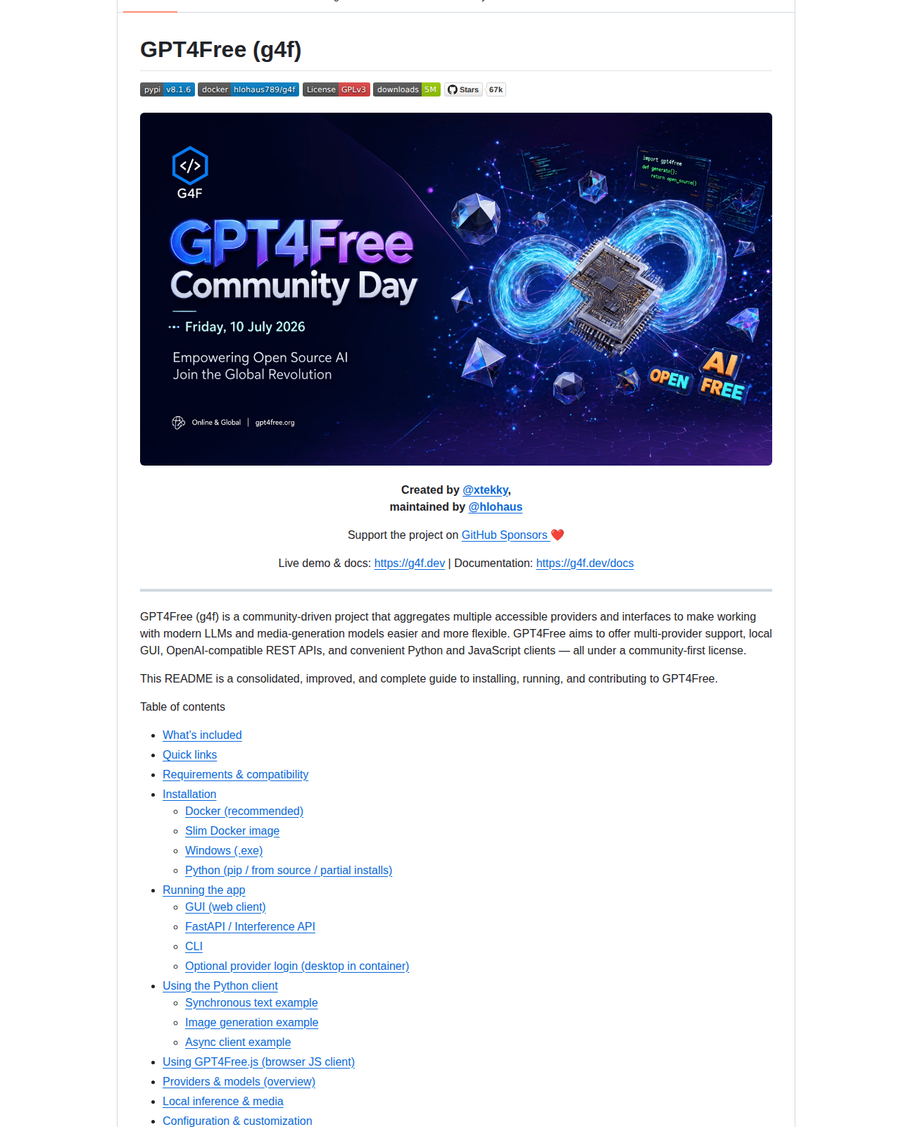 GPT4Free README 開頭（項目名稱「GPT4Free (g4f)」+ PyPI、Docker、License、下載量徽章 + Community Day 宣傳橫幅 + 創作者 @xtekky 與維護者 @hlohaus 署名）