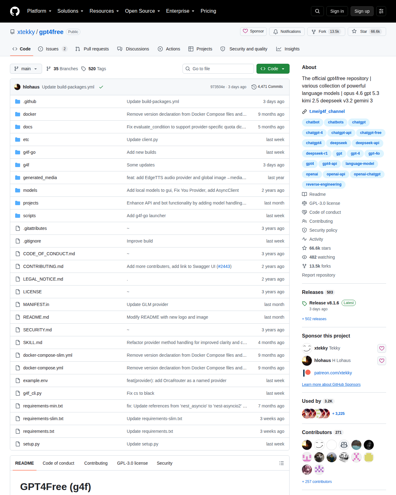 GPT4Free GitHub 首頁頂部(repo 名稱「xtekky / gpt4free」+ 66.6k 星標 + 13.5k Forks + 描述「The official gpt4free repository | various collection of powerful language models | opus 4.6 gpt 5.3 kimi 2.5 deepseek v3.2 gemini 3」+ Python 97% + GPL-3.0 授權)