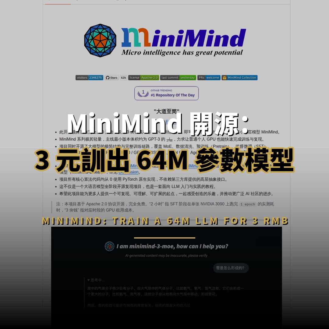 MiniMind 開源：3 元與 2 小時訓出 64M 模型