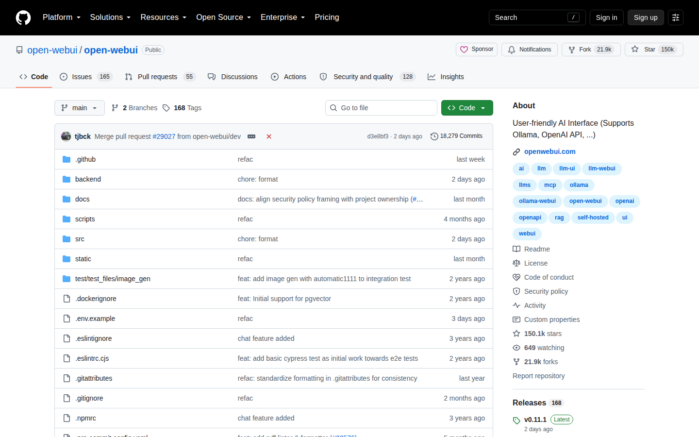 Open WebUI GitHub 首頁頂部（repo 名與 150K 星標）