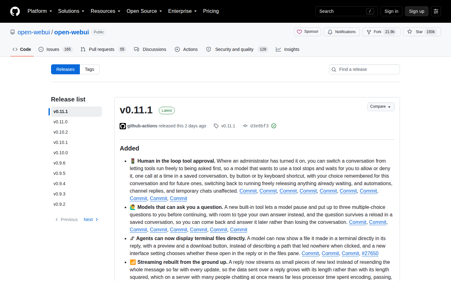 Open WebUI Releases 頁（最新版本 v0.11.1）