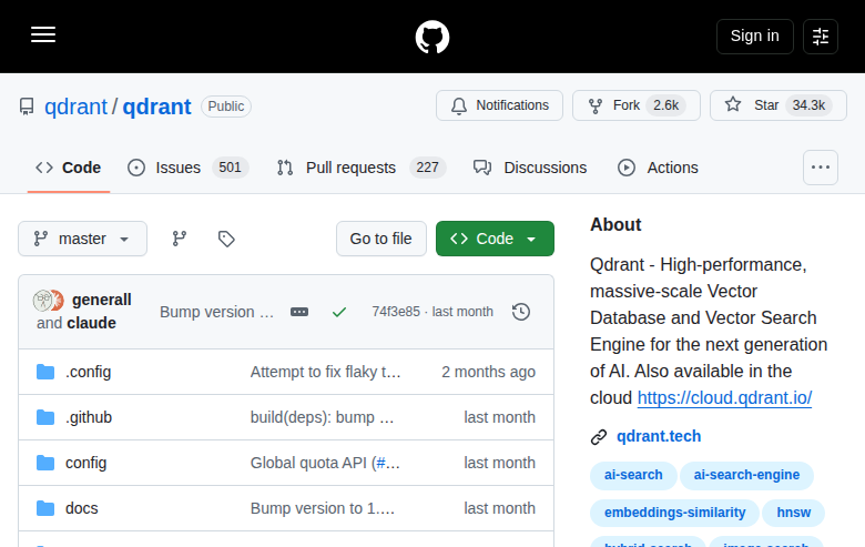 Qdrant GitHub 首頁頂部（repo 名 + Star 數 34.3k + 描述）