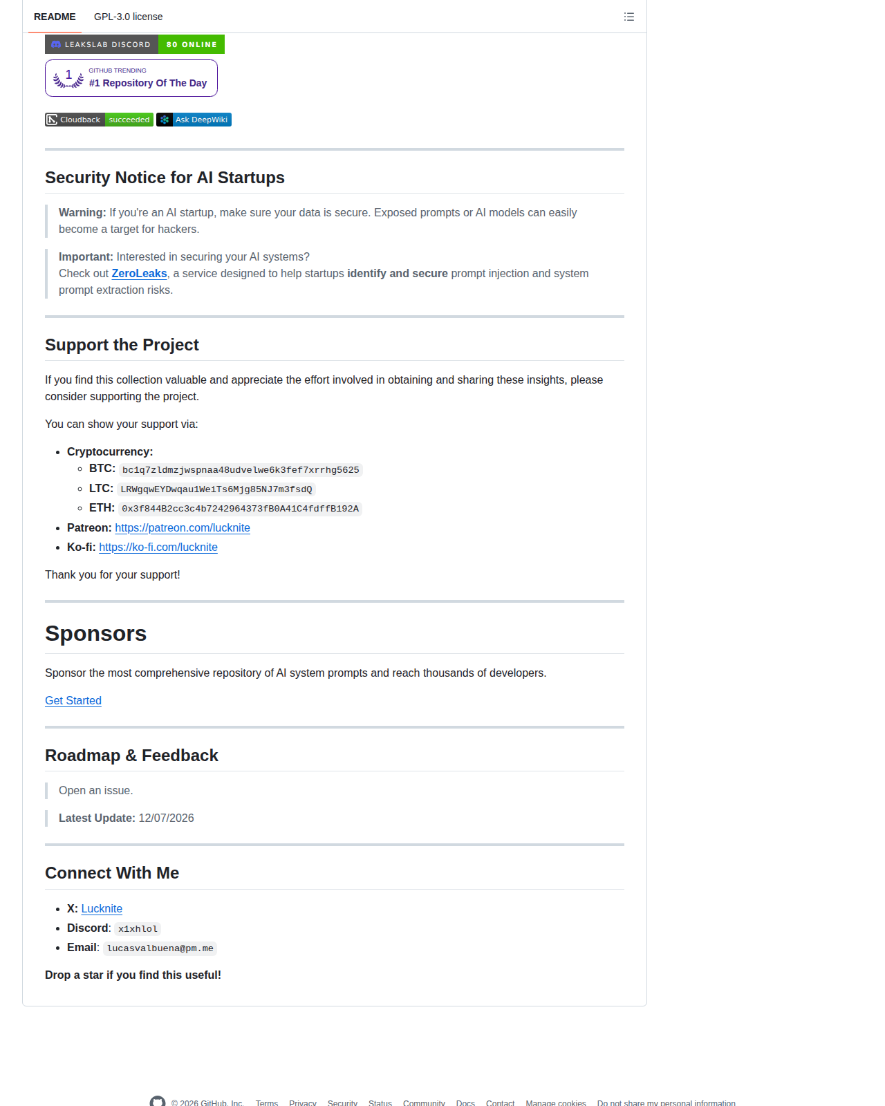 system-prompts-and-models-of-ai-tools README 開頭（GitHub Trending 徽章 + LeaksLab Discord 徽章 + 「Security Notice for AI Startups」安全警示段落，警告 AI 初創企業提示詞與模型暴露的風險）