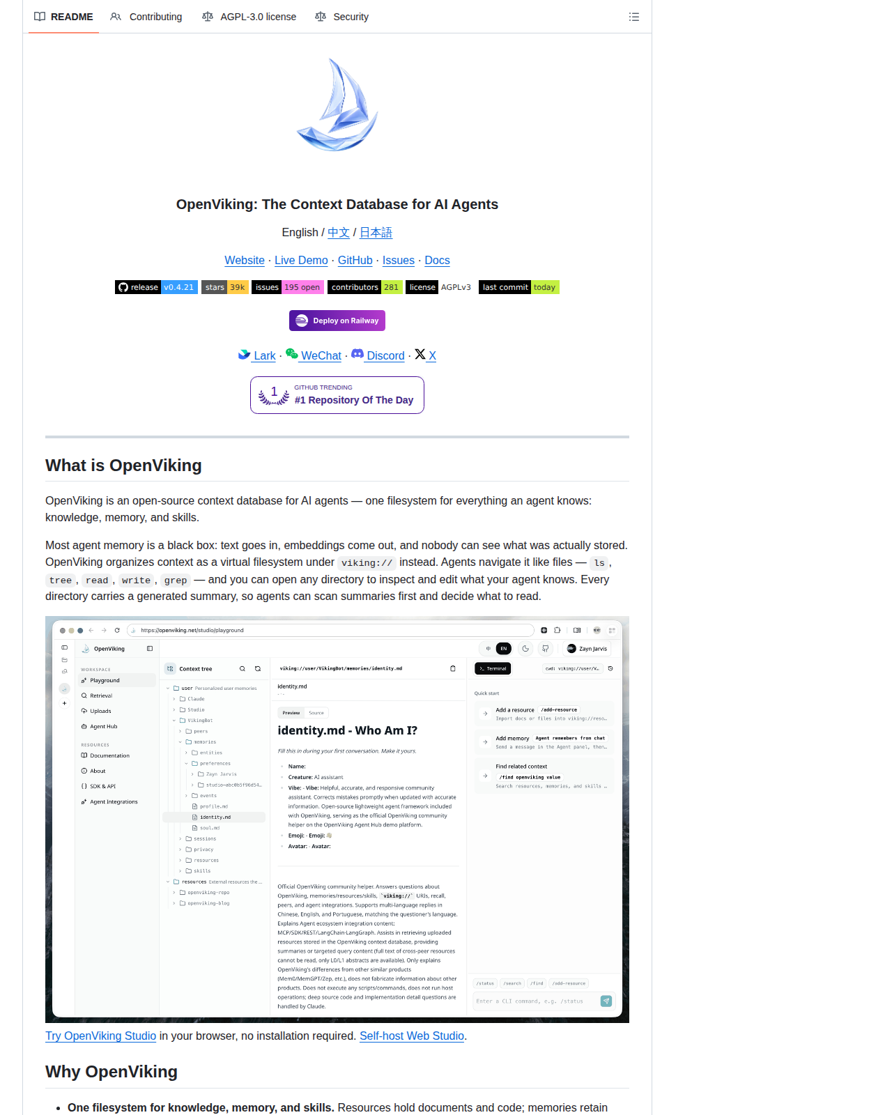 OpenViking README 開頭（項目名稱、標語與架構說明）