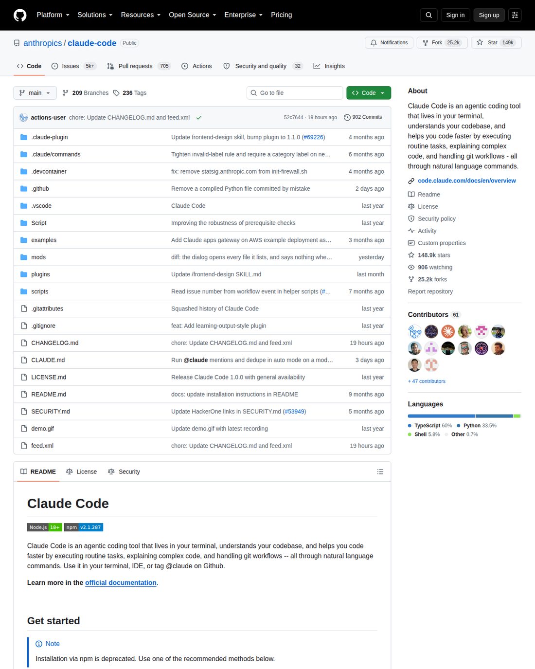 Claude Code 官方 GitHub 倉庫,顯示版本、issue 同更新記錄